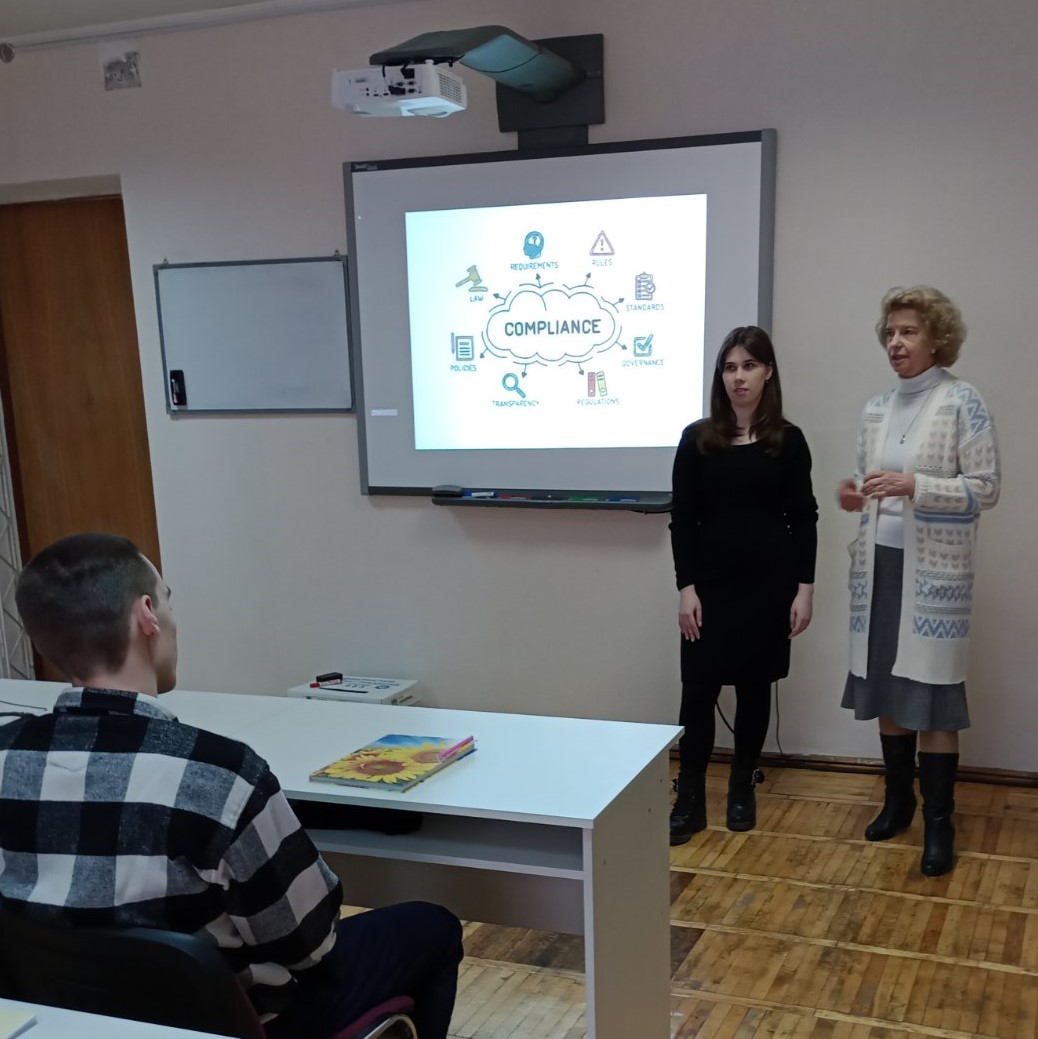 JSC “Poltava-bank” specialist – a university graduate gives a lecture to students on compl...